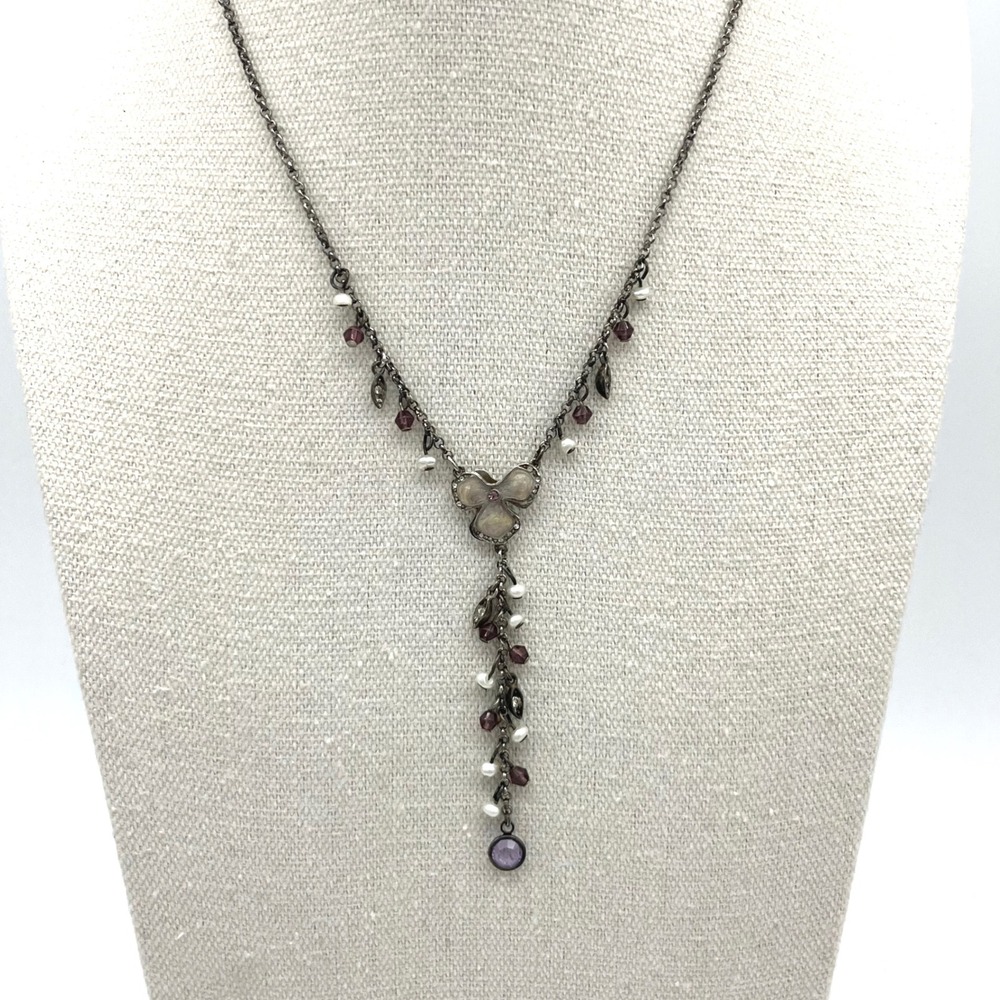 Flower‎ Y Drop Necklace Purple Stone Accent Beaded Chain Elegant Jewelry